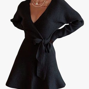 EXLURA Women's V Neck Ribbed Knit Mini Sweater Wrap Dress